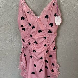 Pink Heart-Patterned Stretchy Lace Chemise